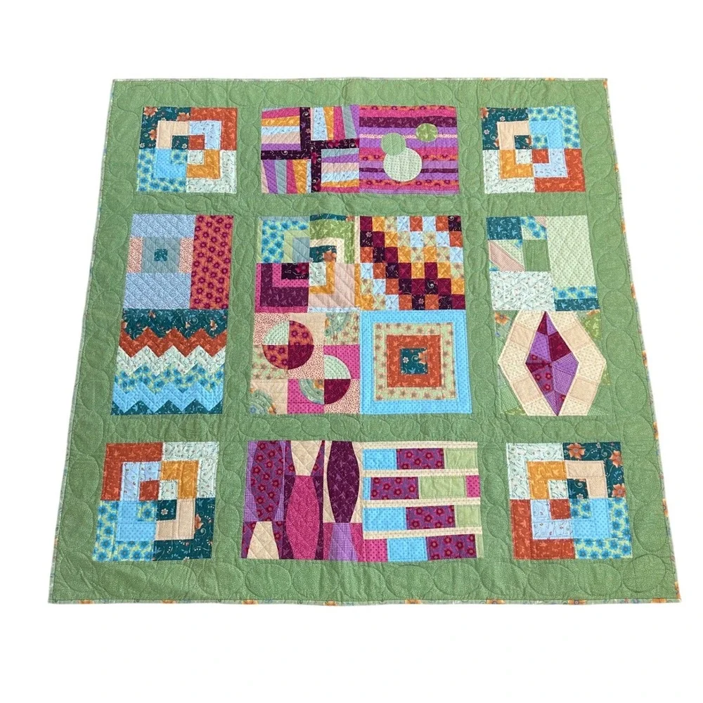 Vtg Handmade Patchwork Quilt Granny Square patchwork embroidered Floral 60x52